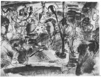 Drawing made ca 15 August 1942 by Anthony Gross (1905-1984), depicting the interior of an armoured command vehicle at Ruweisat ridge. Original caption reads 