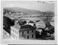 Photograph of a view looking south over Wellington from the fire bell station in Manners Street. Shows city buildings and harbour.  Photograph taken between 1884-1887 by the Burton Brothers. 