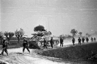 NZ infantrymen and sherman tanks continuing the advance in the Senio area, Italy, moving towards Zagonara. At this time, the enemy was less than 400 yards away and the attack across the Lugo-Canal was progressing. Photograph taken circa 10 April 1945 by George Kaye