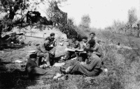 Orders group of 20th Armoured Regiment on D day at Senio River on the 9th of April 1945. From left to right: Bill de Lautour, J F Moodie, Owen Hughes, Jock Laidlaw, Bill Guest, Charlie Low, Noel Jenkins and Jack Denham.  Photograph possibly taken by J F Moodie.