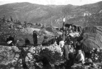 Italian women and children waiting for food alongside the 26th Battalion's cookhouse, Mount Croce area.  Photograph taken by Bruce Guthrie in April 1944.