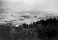 A view of an area taken by a member of the 22nd Battalion in 1944, showing a monastery at the end of the line of cypress trees. La Romola lies to the right. The ribbon of road was the Battalion start line for the accack on the village.