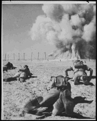 View of four members from a forward party lying low to the ground before a barbed wire fence where a bangalore torpedeo has just been detonated. Photograph taken in the Western Desert, November 1941, by an unidentified official photographer. 