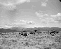 Guns and transport under simulated attack by RNZAF Mosquito aircraft during final manoeuvres at Waiouru.