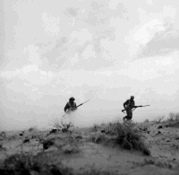Members of the Maori Battalion advancing in battle area under fighting conditions in the Western Desert during World War II.  Note on back of file print reads: 