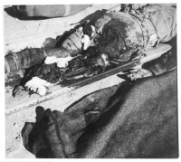 Unidentified Soldier with one leg blown off by a bomb, El Alamein, Egypt. Shows the lower half of the man lying on his stomach in his bloodied uniform. Photograph taken in 1942 by K G Killoh.